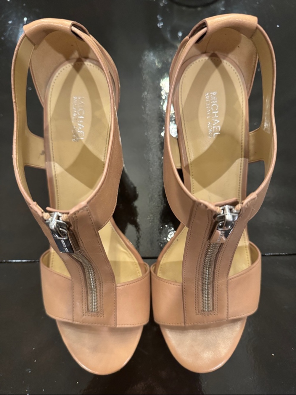 MICHAEL Michael Kors Nude/Tan Leather Zip-Front Heels